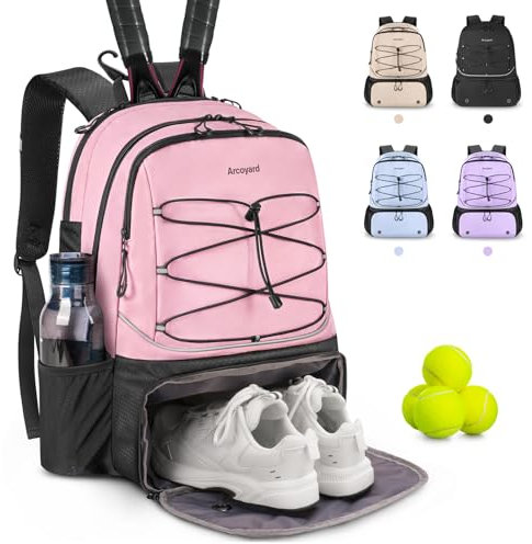 Arcoyard Große Tennistasche für Damen, Tennisrucksack mit belüftetem Schuhfach und isolierter Tasche, Platz für 2 Tennisschläger, Tennis-Pickleball-Bälle und mehr