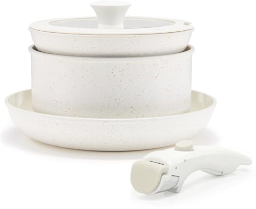 Florosa -5 pentole e padelle in ceramica antiaderente, manico rimovibile,atossiche, adatte all'induzione e alla cottura in forno, senza PTFE e PFOS, bianco