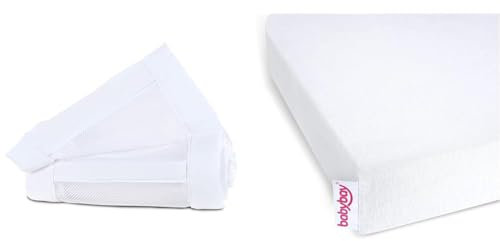 babybay Nestchen Mesh-Piqué/Bettumrandung für Beistellbett/Stoßschutz für Baby Bett, passend für Modell Maxi, Boxspring, Comfort und Comfort Plus, weiß & Jersey Spannbetttuch Deluxe Doppelpack