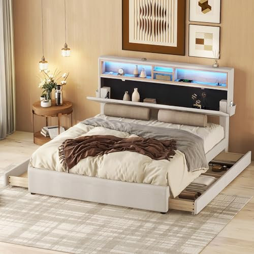 Merax Polsterbett 140x200cm mit 4 Schubladen, LED-Beleuchtung, USB und Großer Stauraum Kopfteil, Doppelbett Bettgestell mit Lattenrost und Verstellbares Kopfteil, Leinenmaterial, ohne Matratze, Beige