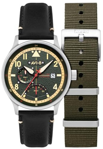 AVI-8 Hawker Hurricane Mckellar Herrenuhr mit Lederarmband, 44 mm, AV-4101, Gothic-Grün, Mckellar Dual Time