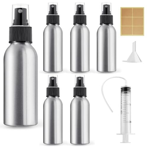 Furuising 5 Piezas Bote Spray Pulverizador de Aluminio, 100ML Niebla Fina Spray Bottle, Reutilizables Botellas de Spray de Vacío con 20ml Jeringa, Embudo para Agua, Cosméticos, Viajes, Limpieza