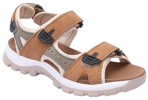 Harssidanzar Women's Sports Hiking Sandals Adjustable Strap Leather Sandals For Women Outdoor Sports Sandals Walking SL256UK,Camel Grey,Size 9 UK