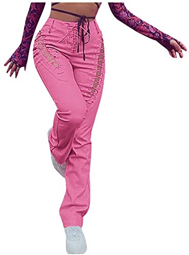 Momolaa 𝐆otische Frauen Lederhose Taille Leggings Schnitt High Hosen Punk Drawstring Out Faux-Hose Bandagehose Lack Leggings Damen (Pink, L)
