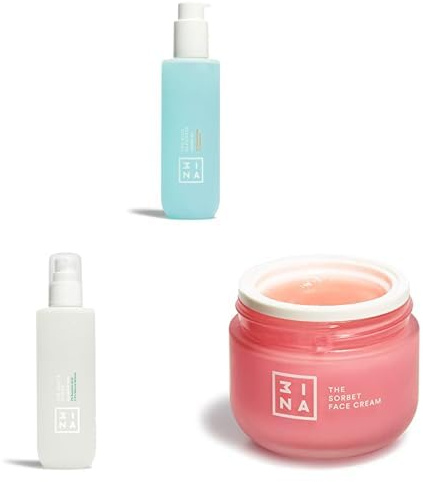 3ina Makeup - The Blue Cleanser + The White Toner + The Sorbet Face Cream - Reduziert Öligkeit - Gesichtswasser Reduziert fettigen Talg & Akne - Feuchtigkeitscreme Gesicht - Vegan - Cruelty Free