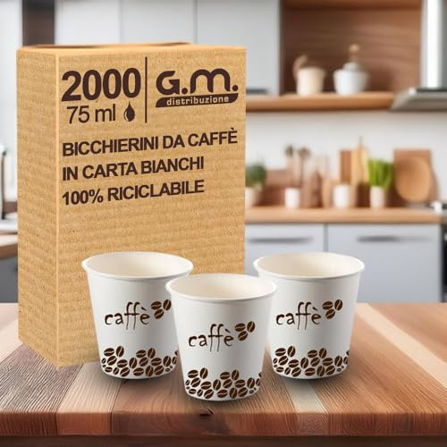 GM 2000 Bicchieri da Caffè in Carta Bianchi con Designe, 75 ml, Biodegradabili Biocompostabili, Usa e Getta, Ideale per Casa, Ufficio, Asporto Bevande Calde