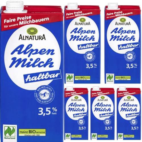 Alnatura Alpenmilch haltbar 3,5% Fett Milch Haltbare 1000 Milliliter x 6 Flaschen