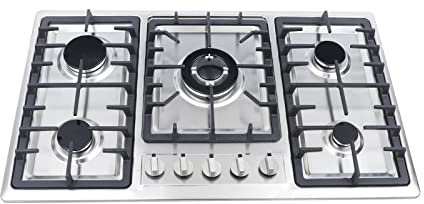 Gasherd, Gaskochfeld 5 Flammig, Gaskocher für Zuhause Wohnmobil, Gaskochfeld für Erdgas, 5 Herdstärken (3/2.75/1.75/1.75/1 KW), 86 x 50cm, Edelstahl Gas-Herdplatte Wok Brenner