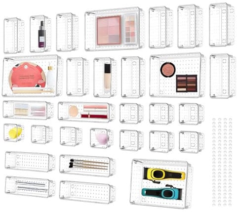 Snarflun 25 Pezzi Organizer Cassetti Trasparente, Organizer per Cassetti in Plastica di 4 Dimensioni, Divisori per Cassetti Impilabili per Bagno, Cucina, Scrivania, Trucchi,Gioielli e Gadget