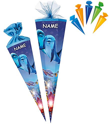 alles-meine.de GmbH Set Schultüte - mit 3D Glitzer - Effekt ! + 5 kleine Zuckertüten - Delfin - Fische Unterwasser - 22-85 cm - Größe wählbar - rund - incl. Name - Tüllabschl..