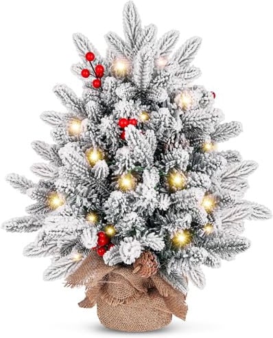 Tabletop Christmas Tree 55 CM Mini Artificial Christmas Tree with 20 LED String Lights, Star Tree, Tabletop Small Xmas Tree for Holiday Indoor DIY Christmas Decor (White)