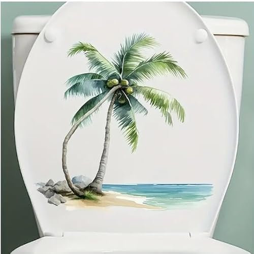 Christmas Tropical Beach Palm Tree Toilet Cover Sticker Decals Waterproof Toilet Lid Tank Seat Decals Cistern Self-Adhesive Bathroom Wall Sticker