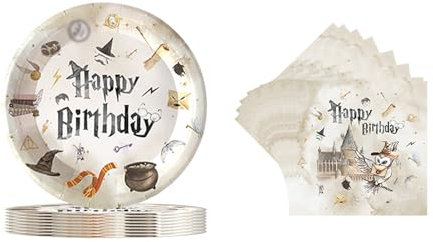 AINIUNIU 40 pza Decoración de Cumpleaños de Harry, Vajilla de Fiesta de Harry el Mago Juego de Cumpleaños Infantil, 20 Platos de Papel de Mago y 20 Servilletas, Vajilla Feliz Cumpleaño
