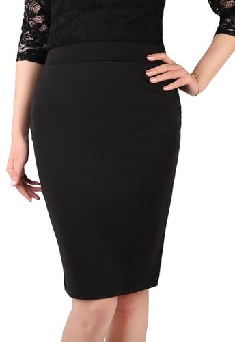 Kefiyis Bleistiftrock Damen Knielang Kurzer Bleistift Rock mit Schlitz Business Casual Stretch Röcke Elegant Schlanker Schwarz Knielang L