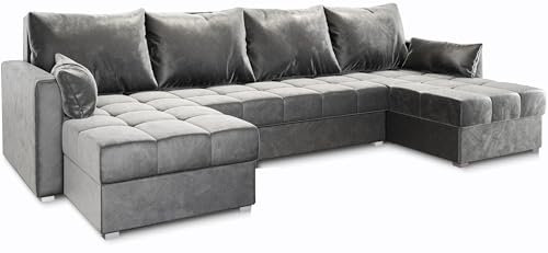 Masseno Ecksofa NAKO mit Schlaffunktion U-Form, Sofa mit Bettkasten, Wohnzimmersofa, Couch, Soffa, Bettsofa, Couchgarnitur- Hellgrau, Paros 05