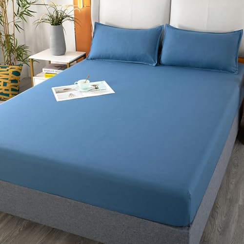 KnSam 150x200cm Betttuch mit 2er Kissenbezüge Set 3tlg Dekorativ, Bettlaken Unterlage Einfarbig Schlafkomfort, Polyester Baumwolle Tagesdecke Blau für alle Jahreszeiten