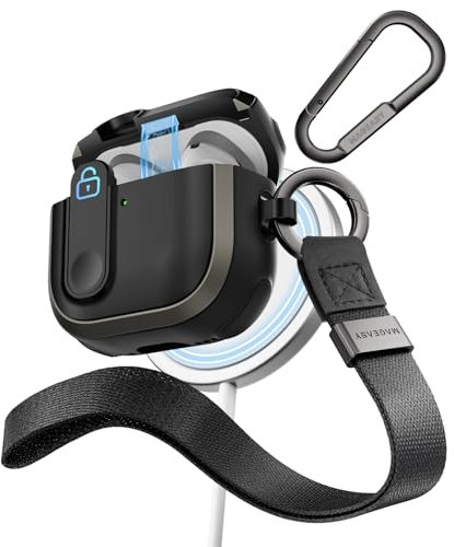 MAGEASY Design für AirPods 4 Case Cover – Robuste AirPods 4 Hülle mit Schloss | Funktioniert mit Kabel & kabellosem Laden | Inklusive Karabiner & Handschlaufe – Odyssey