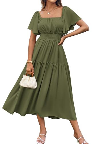 GRACE KARIN Women's Casual Flowy Ruffle Dresses Square Neck Short Sleeve Summer Chiffon Dress Olive Green L