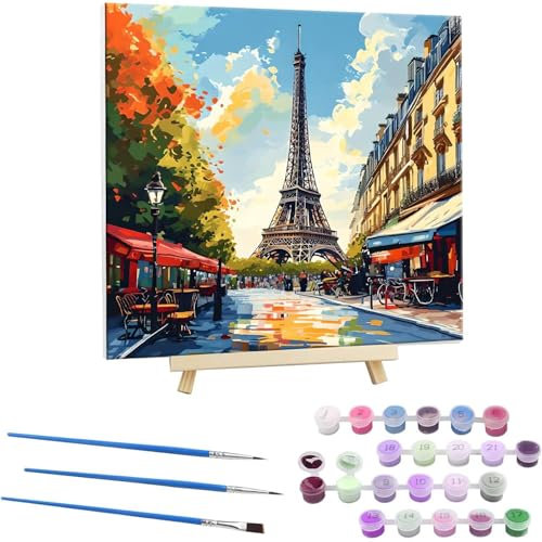 Guuogxan Malen Nach Zahlen Kinder Erwachsene Anfänger, Handgemalt Ölgemälde Kit für Mädchen Jungen ab 5 6 7 8 9 Jahre, DIY Paint by Numbers Paris Tower als einen Kindergeburtstag Geschenk 45x45cm V-6