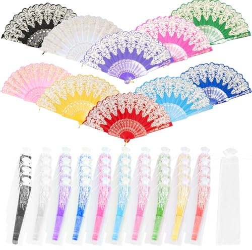 OJMHD 50 Pcs Spanish Folding Fans Bulk, Foldable Hand Fans Favors for Women, Handheld Elegant Decorative Fan with Gift Bag for Wedding Dancing Party Cosplay Gift, 10 Colour