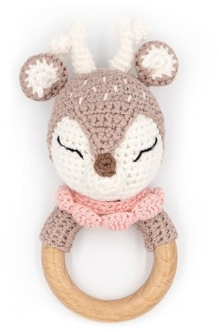 FeiOne Babysachen, Neugeborenen Geschenk – Holzgreifling mit Babyrassel, personalisiert, handgeknüpftes Tier, sound-aktive Rassel, perfekt für Baby Geschenk Mädchen und Jungen