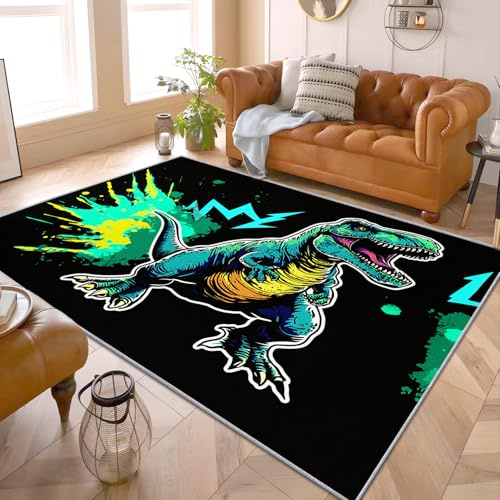 PaxGloz Dinosaurier Teppich Kinderzimmer - Teppiche Wohnzimmer Schlafzimmer Graffiti Dino, Kleiner Teppich T-Rex Jungenzimmer, Weich Kurzflor & Waschbar & rutschfest Fussmatte Innen, 80x150 cm
