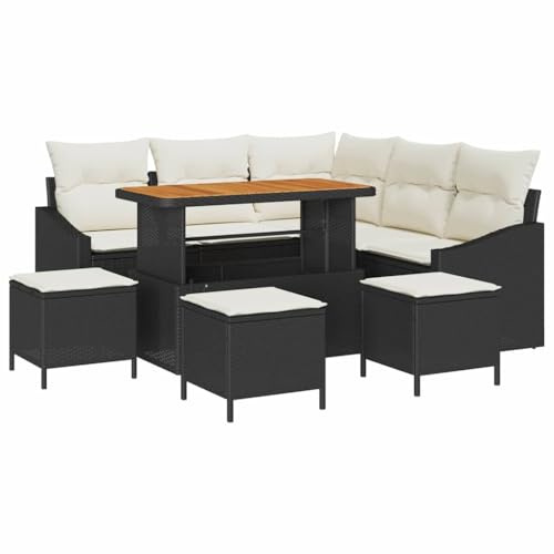 vidaXL 9-teiliges Garten-Sofa-Set mit Kissen in Schwarz und Creme, aus wetterfestem Poly-Rattan. Perfekt für 5 Erwachsene. Verstellbare Funktionen und modernes Design für Deine Terrasse.