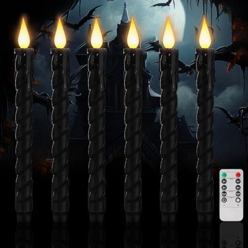Recitem Stabkerzen LED - LED Stabkerzen mit Timerfunktion und Fernbedienung, Batteriebetrieben, 6 Stück Wachskerzenständer für Halloween, Horrorparty, Tischdekoration und Fensterdekoration (schwarz)