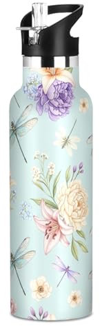 Bouteille d'eau pour enfants avec paille pour l'école, bouteille d'eau de sport étanche pour garçons et filles, 591 ml, sans BPA, libellules