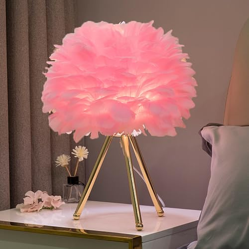 XINYASEE Lampe de Table,lampe de chevet en Plumes d'oie, Douille E27,Corps de lampe à support métallique, 5 couleurs disponibles, Abat-jour en plume d'oie, Lampes de Bureau Design Moderne (Rose foncé)