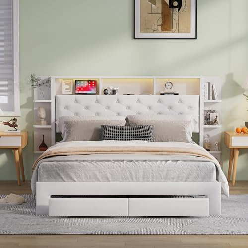 LIVLUX Bett mit Stauraum, Doppelbett mit LED-Beleuchtung und USB-Aufladung, Polsterbett mit 2 Schubladen, Stauraumbett für Erwachsene und Jugendliche, Velours, Weiß (140x200 cm)