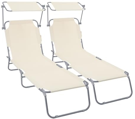 VOUNOT® 2er Set Sonnenliege Klappbar, Gartenliege mit Dach und 4-Fach Verstellbarer Rückenlehne, Leichte Strandliege für Garten, Terrasse, Camping, Pool & Strand, Beige
