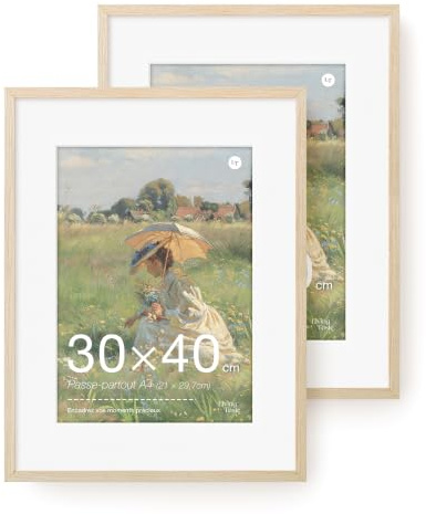 LIVINGTASTE Bilderrahmen 30x40 cm Eiche Natur mit Acrylglas Front, 2 Stück mit Passepartout für A4 (21x29,7 cm), ideal für Familienfotos im Wohnzimmer