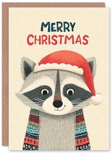 Artery8 Christmas Card Cute Cartoon Style Racoon In Santa Hat with Scarf