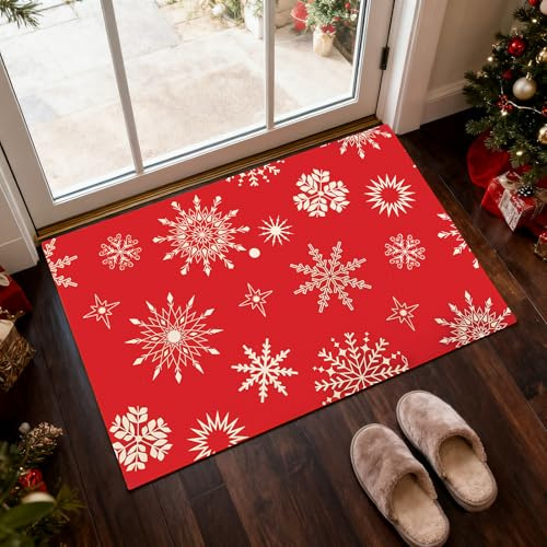 ZoneYan Fußmatte Weihnachten, Schneeflocken Weihnachten Fußmatte, Schmutzfangmatte Waschbar für Innen und Außen, rutschfest Weihnachts Fußmattes für Flur, Wohnzimmer, Badezimmer, 40 x 60 cm