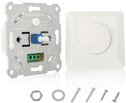 HUAREW Dimmer Schalter LED 230V, Dimmschalter für Dimmbare LEDs/Halogen 5-200W dimmer für lED Lampen, Unterputz lED dimmer Schalter mit Phasenabschnitt, Dimmbar Drehdimmer inkl. Weiße Abdeckplatte