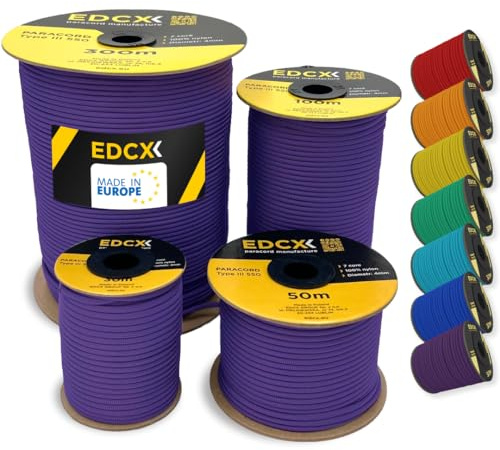 EDCX Paracorde 4 mm 550 15 m (50 Pieds) - Type III, 100% Nylon, Corde à 7 brins, Paracord 4 mm dans des Couleurs Unies (Purple, 15 m)