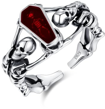 CRWENG Gothic Ring mit offenem Totenkopfmotiv 925er Sterling Silbe verstellbar für Damen und Herren Halloween Ring Gothic Schmuck Geschenk für Modeliebhaber