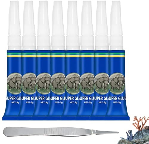 Aquarium Glue 8 Pcs Clear Silicone Sealant Waterproof with Stainless Steel Tweezers, Fish & Reef Safe Aquarium Safe Glue for Plants Rocks Moss Coral Stone Wood Fast Curing & Strong Adhesive