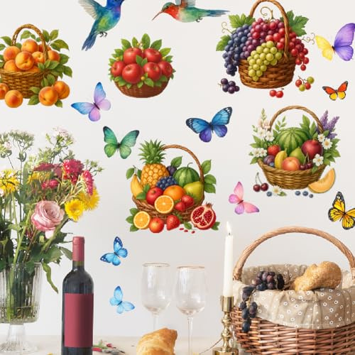 SUPERDANT Obst Korb Wandaufkleber mit Vögeln Schmetterlinge für Wohnzimmer | Selbstklebend,Leicht Ablösbar,Halbtransparent,Vinyl,Selbst Anordbar,96×30cm,30×60cm,Für Mietwohnung Obstgeschäft Balkon