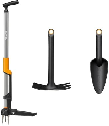 Fiskars Ergonomic Basis-Garten-Set, 3-teilig, Unkrautstecher | Hacke und Blumenkelle, Für Unkrautbekämpfung, Bodenbearbeitung und Pflanzen, Schwarz/Orange, 1082772
