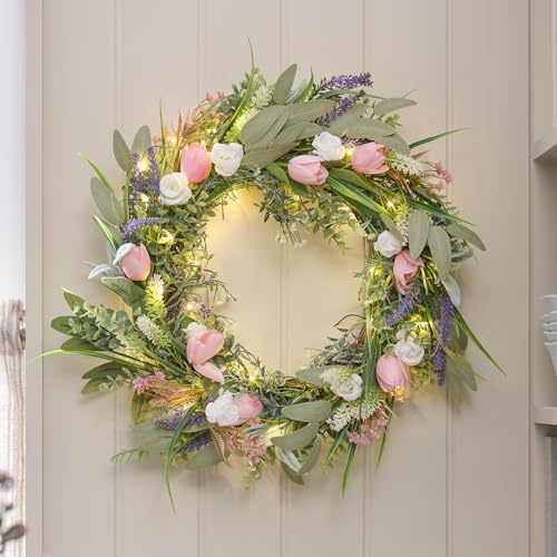 Lights4fun Frühlingskranz mit Kunstblumen wie Tulpen & Lavendel, weißen Rosen | Warmweiße LEDs | mit 6h Timer | Batteriebetrieben | Deko Ostern Frühjahr für Tisch & Wohnbereich | ø 55 cm
