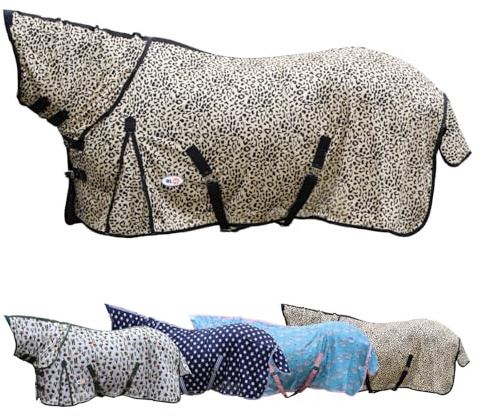 RL24 - Fliegendecke mit Halsteil & Kreuzgurt Design Leopard – Ekzemerdecke mit verstellbaren Kreuzgurten & Schweiflatz – Decke zum Schutz vor Insekten – Outdoor-Pferdedecke – 165 cm