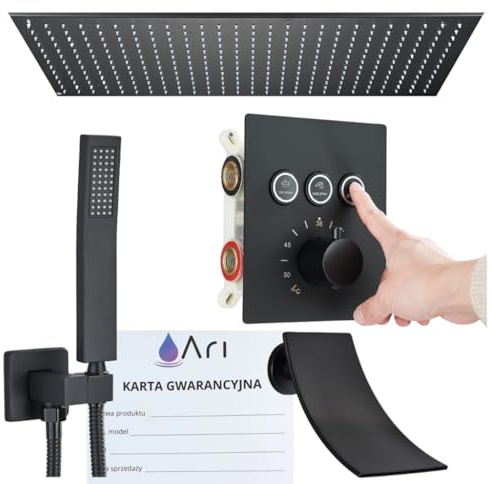 Ari Unterputz Duschsystem mit Thermostat 80x40 cm Regendusche Wasserfall Duschset inkl Unterputz Einbaukörper Box und Handbrause Messing Edelstahl Duscharmatur für das Badezimmer