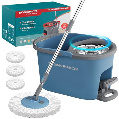 SONGMICS Spin Mop Bucket Set with Pedal Wringer, Floor Cleaning Mop, Adjustable Telescopic Handle 122.5-150 cm, 360° Rotating Head, 3 Microfibre Pads, Grey and Blue LMB002QT03