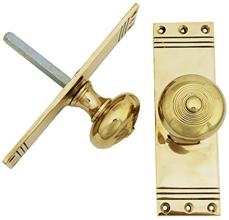 Pair of Solid Brass Regency Mortise Door Knobs on a Rectangular Back Plate