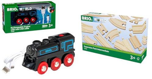 BRIO 33599 - Akku Lok mit Mini USB, bunt & Bahn 33402 - Mittleres Schienensortiment Mehrfarbig