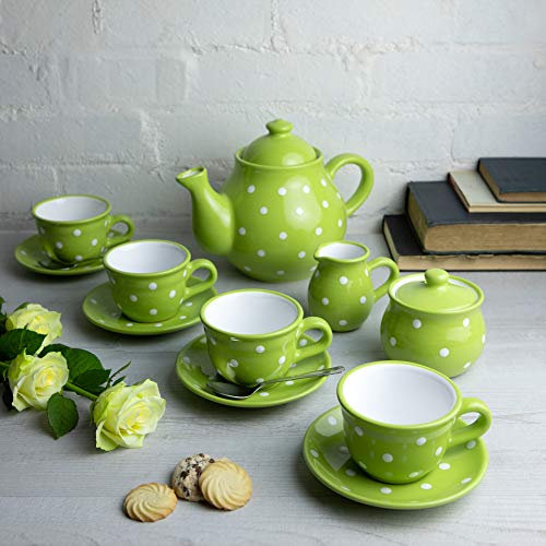 City to Cottage® - Keramik Tee Set für 4 | Grün und Weiß | Polka Dots | Handgemacht | Keramik Teekanne 1,7 Liter, Milchkännchen, Zuckerdose, 4 Teetassen mit Untertassen