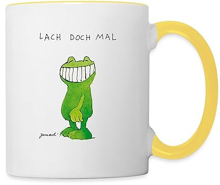 Spreadshirt Janosch Günter Kastenfrosch Lach Doch Mal Tasse Zweifarbig, One size, Weiß/Gelb