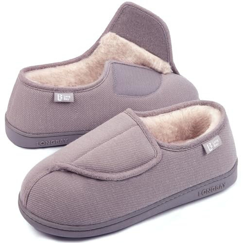 LongBay Women's Furry Memory Foam Diabetic Slippers Comfy Cozy Arthritis Edema House Shoes Grey 8 UK